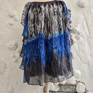 Abstract Blue Chiffon Ruffle Poncho Blouse Tiered Sleeve Top Boho Size